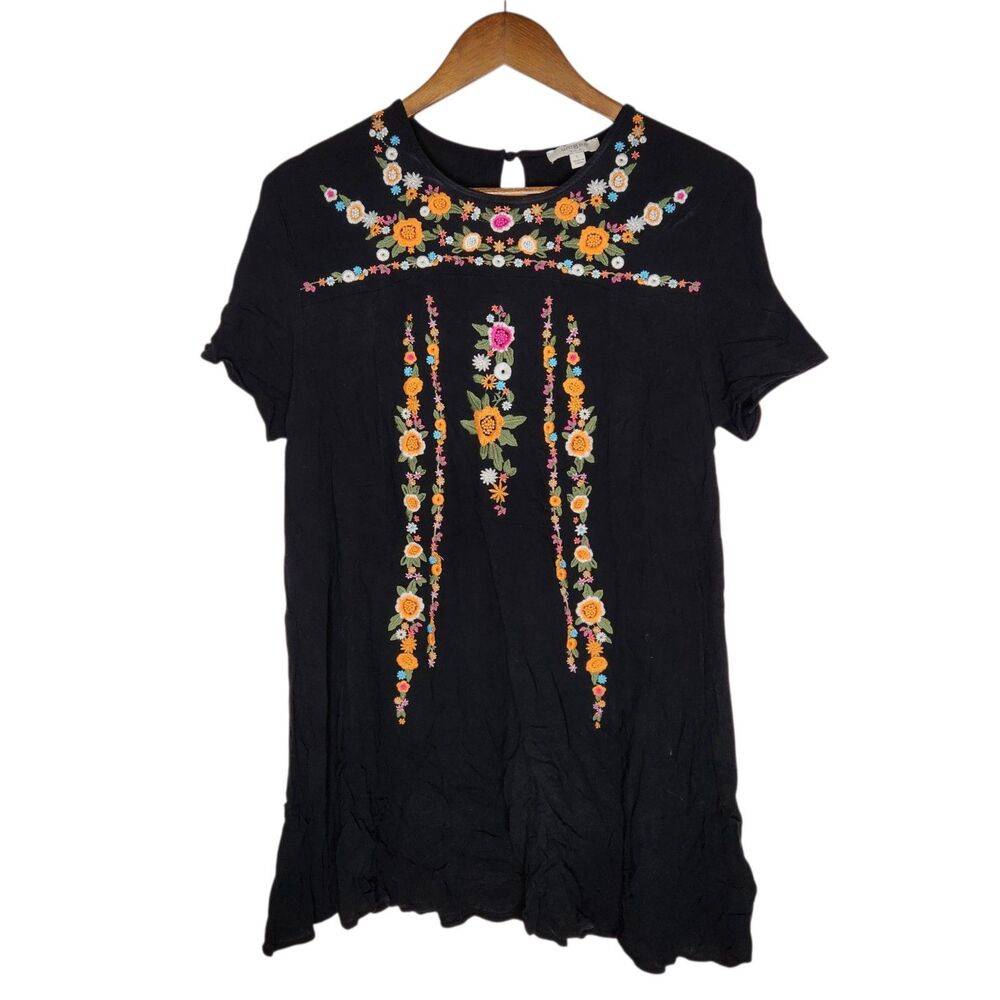 Umgee Black  Floral Embroidered Short Sleeve Mini Tunic Boho Dress Womens Large